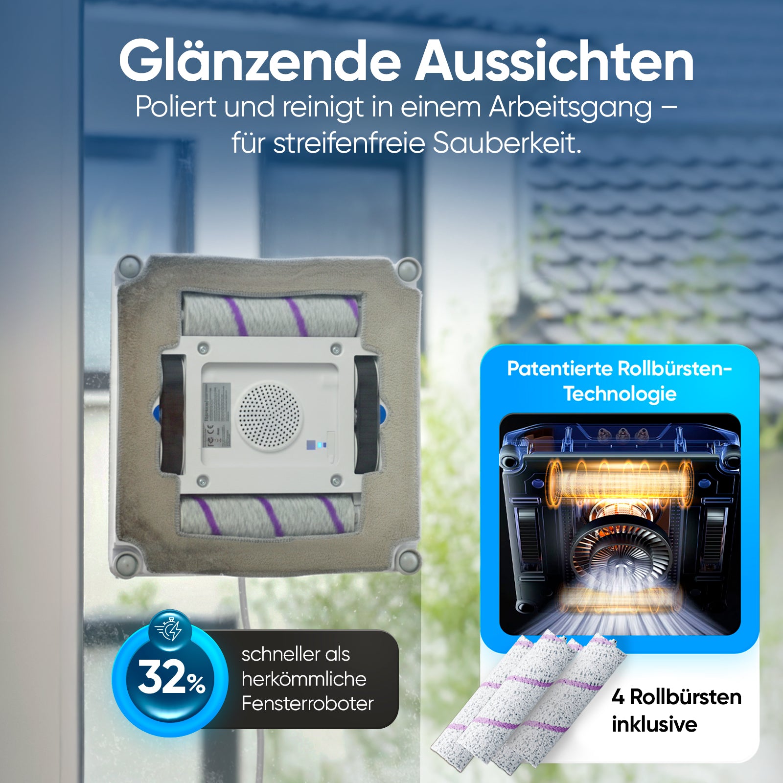Lukonix Fensterputzroboter elektrisch, Fensterroboter mit 3-Düsen Sprühfunktion & Rollbürsten mit App-Steuerung, deutsche Sprache & Anti-Fall-Sensoren