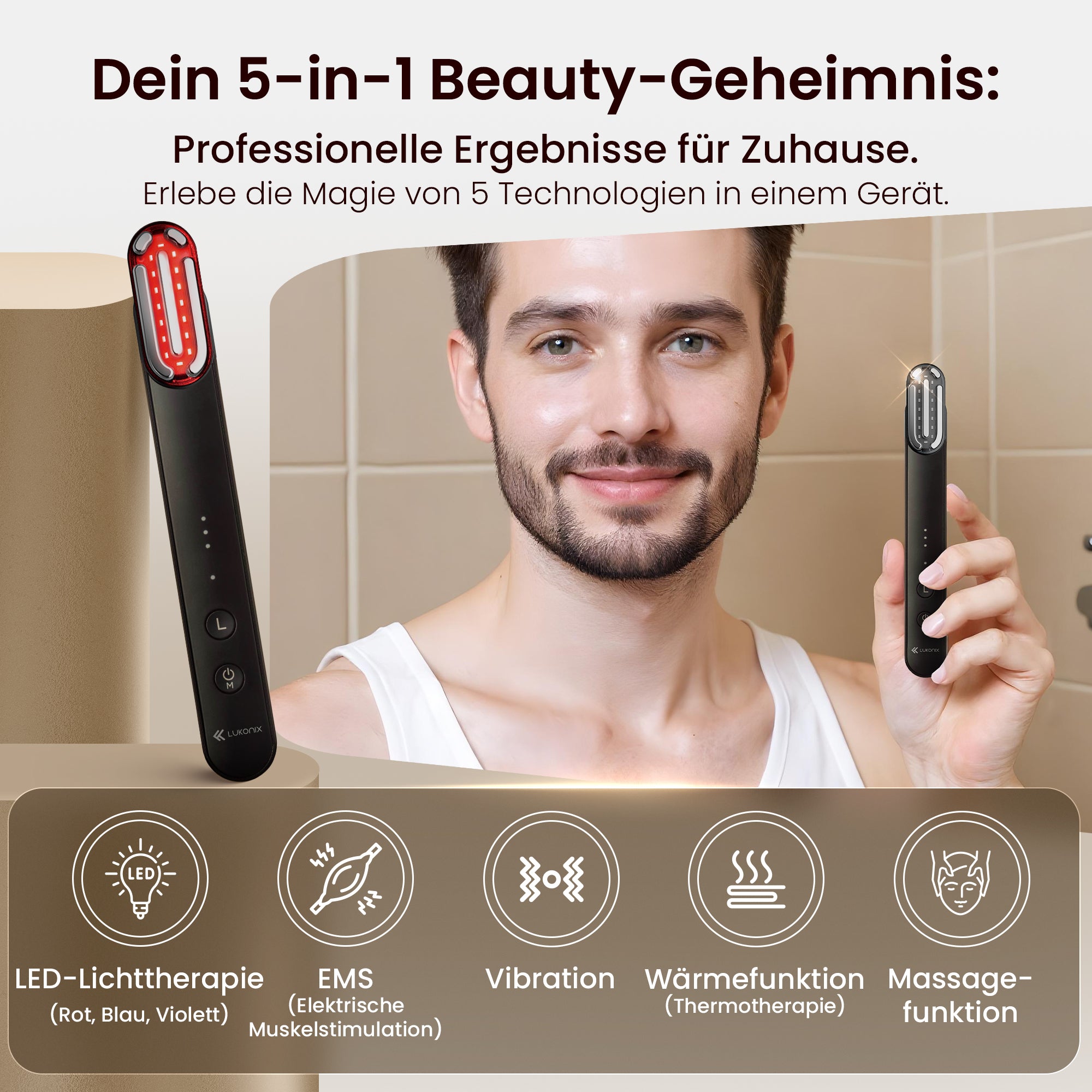 EMS 5-in-1 Lichttherapie Gesichtsmassagegerät – Anti-Falten & Face-Lifting Gerät mit Rot-, Blau- & Violettlicht