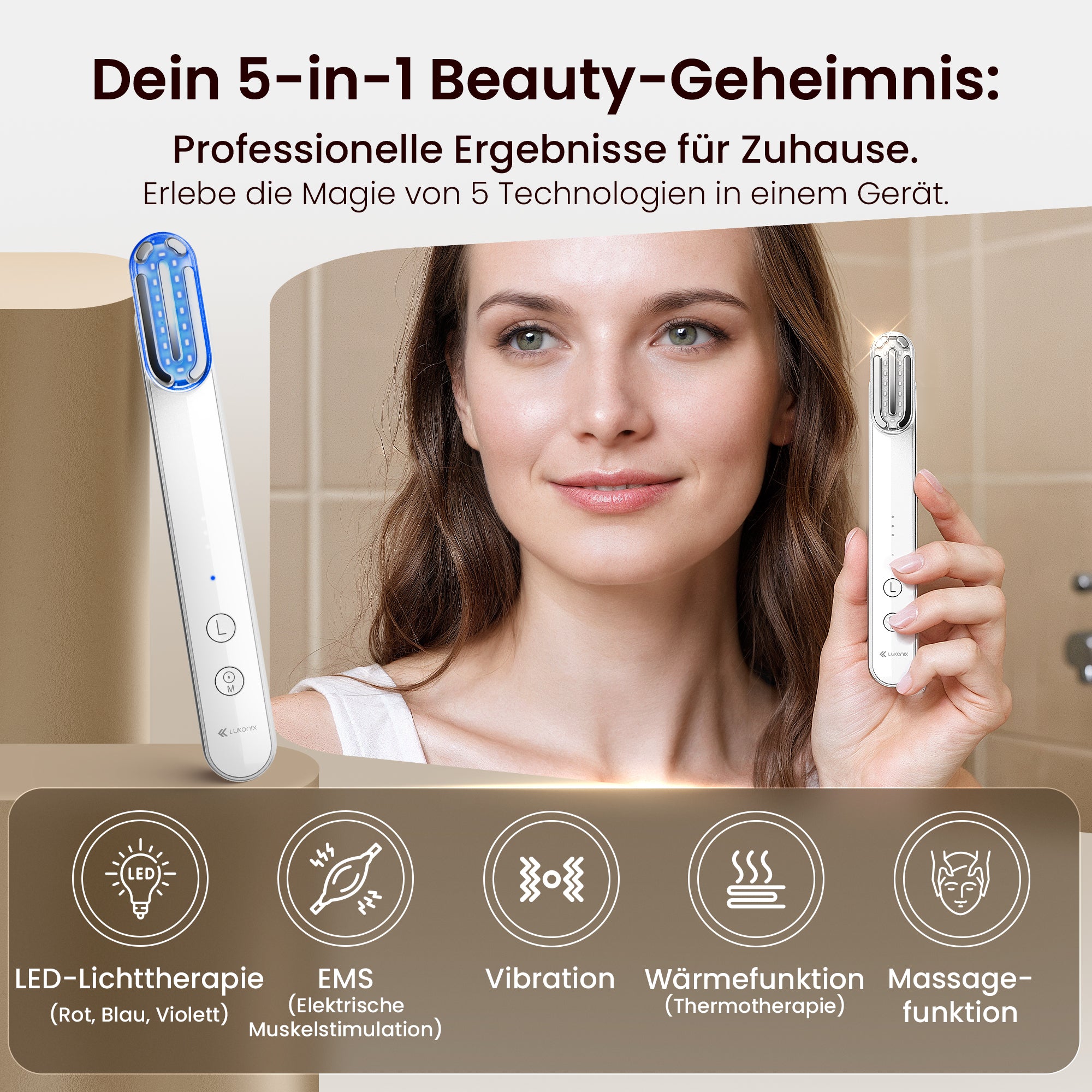 EMS 5-in-1 Lichttherapie Gesichtsmassagegerät – Anti-Falten & Face-Lifting Gerät mit Rot-, Blau- & Violettlicht