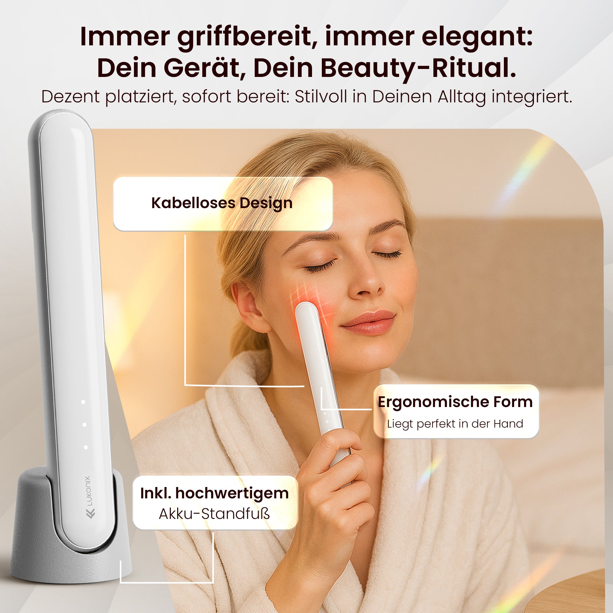 EMS 5-in-1 Lichttherapie Gesichtsmassagegerät mit Standfuss – Anti-Falten & Face-Lifting Gerät mit Rot-, Blau- & Violettlicht