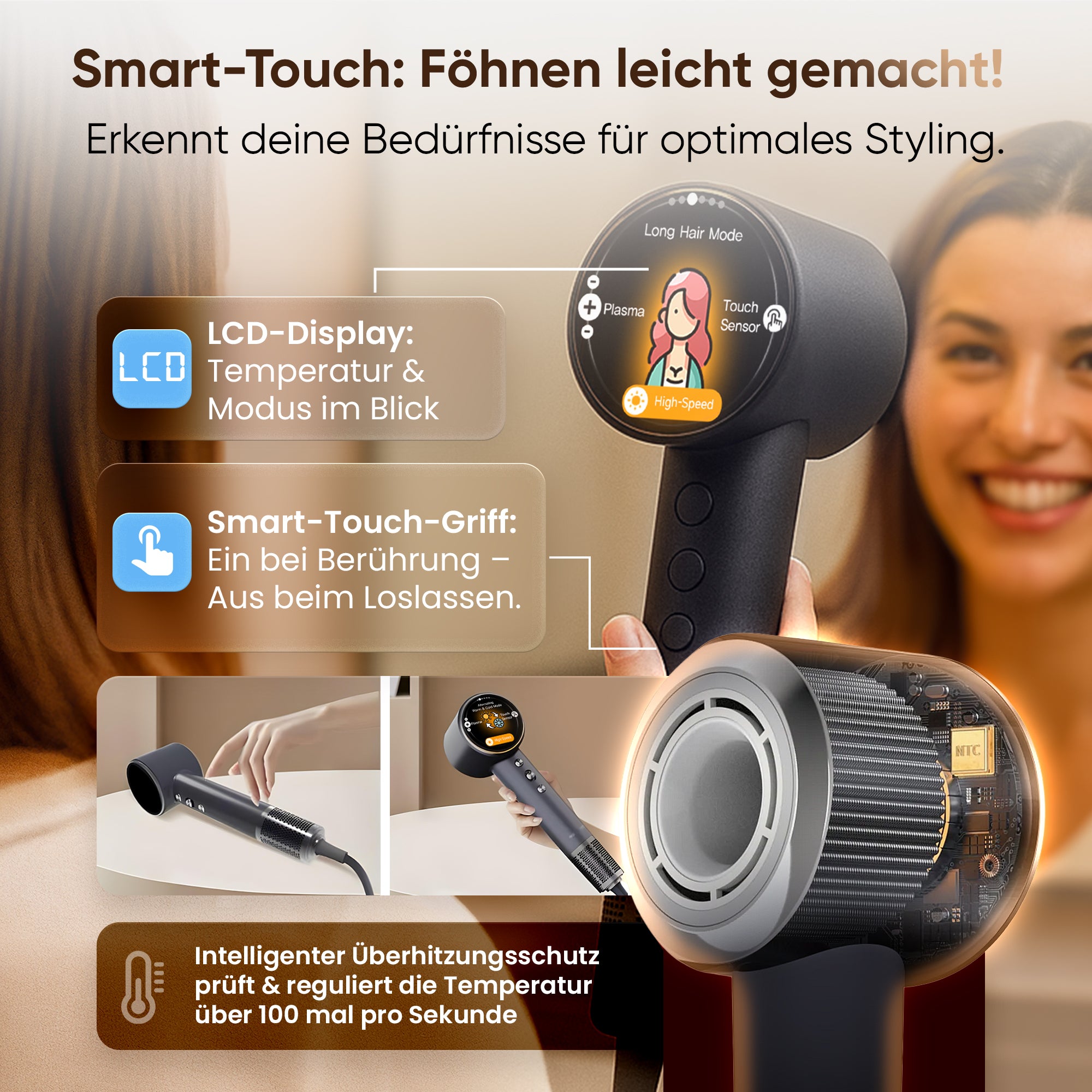 Ionen Haartrockner – Leichter & Leiser Föhn mit Diffusor, Plasma-Technologie & 6 Pflege-Modi (LCD-Display)