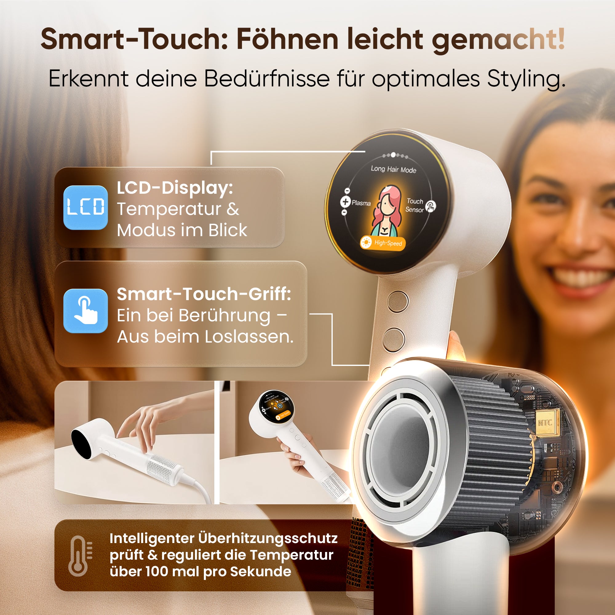 Ionen Haartrockner – Leichter & Leiser Föhn mit Diffusor, Plasma-Technologie & 6 Pflege-Modi (LCD-Display)