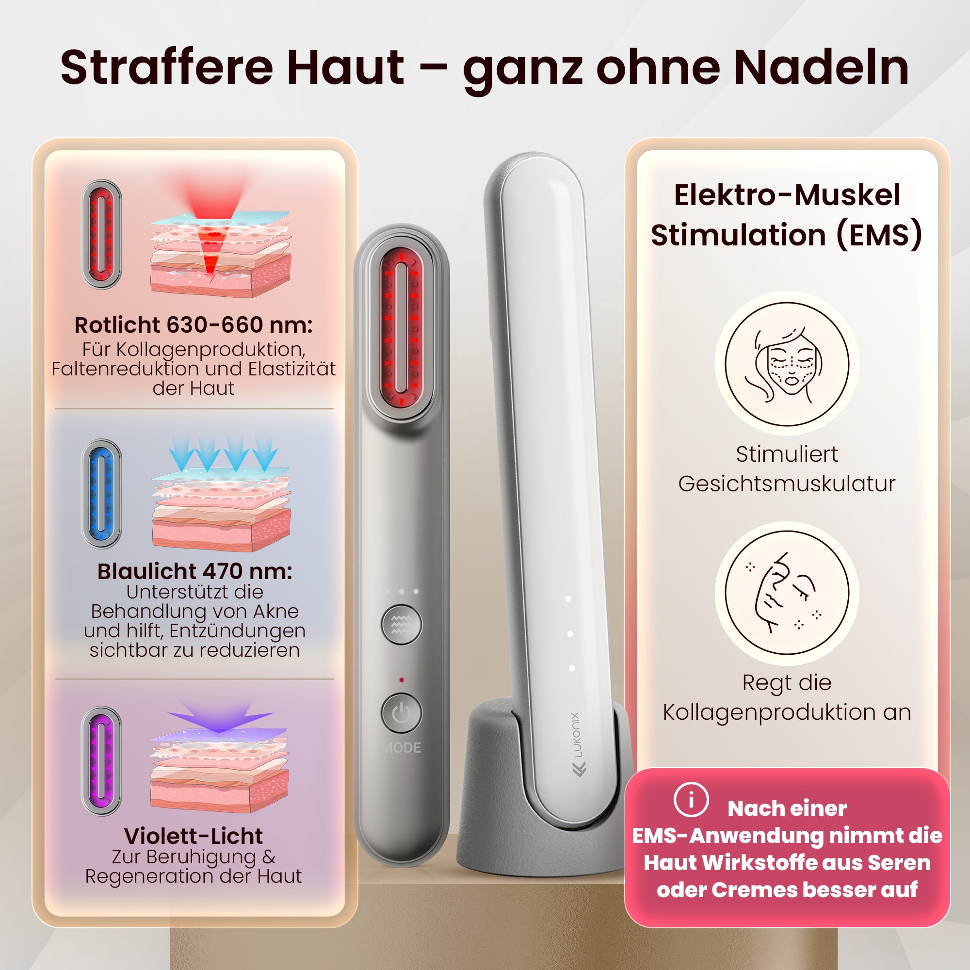 EMS 5-in-1 Lichttherapie Gesichtsmassagegerät mit Standfuss – Anti-Falten & Face-Lifting Gerät mit Rot-, Blau- & Violettlicht