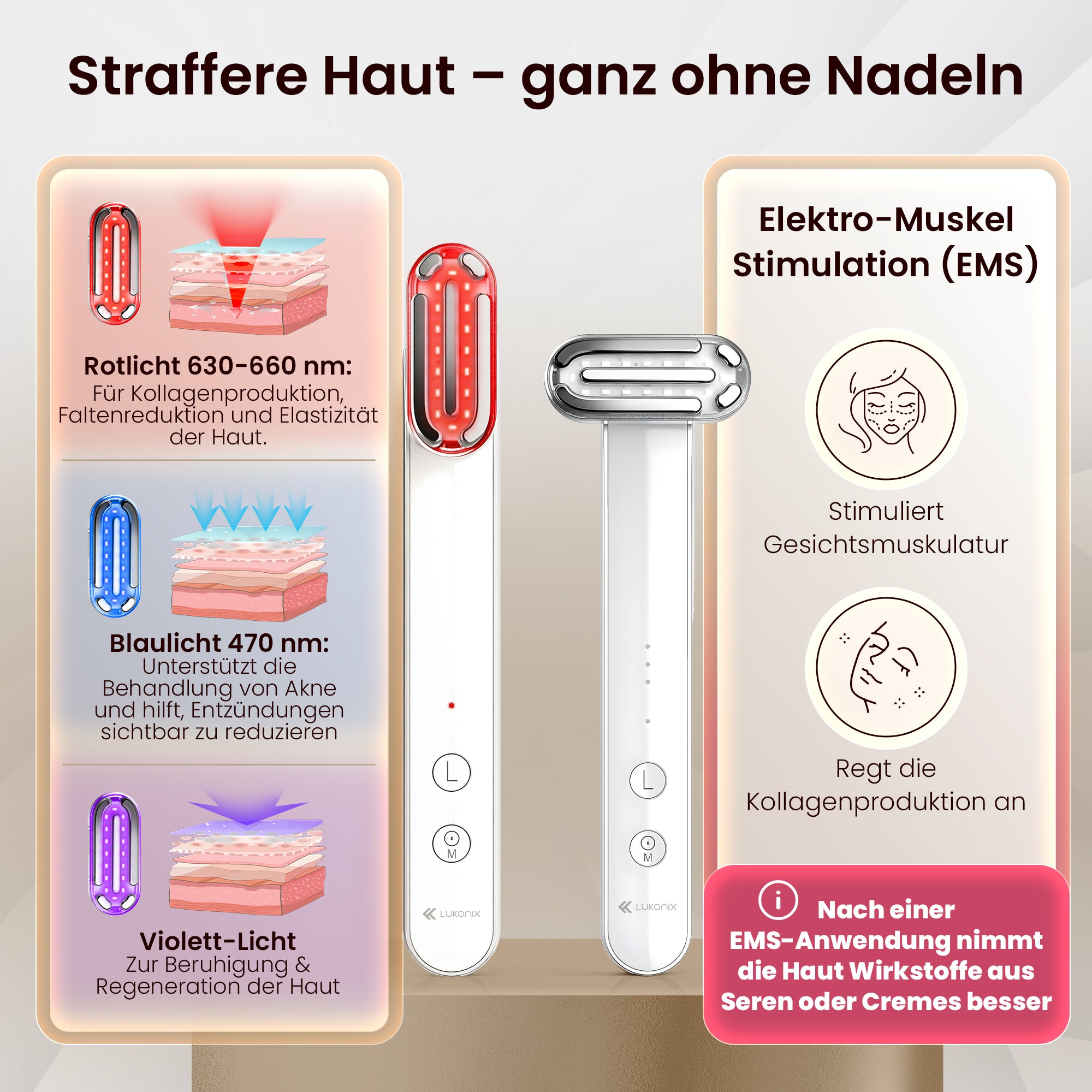 EMS 5-in-1 Lichttherapie Gesichtsmassagegerät – Anti-Falten & Face-Lifting Gerät mit Rot-, Blau- & Violettlicht