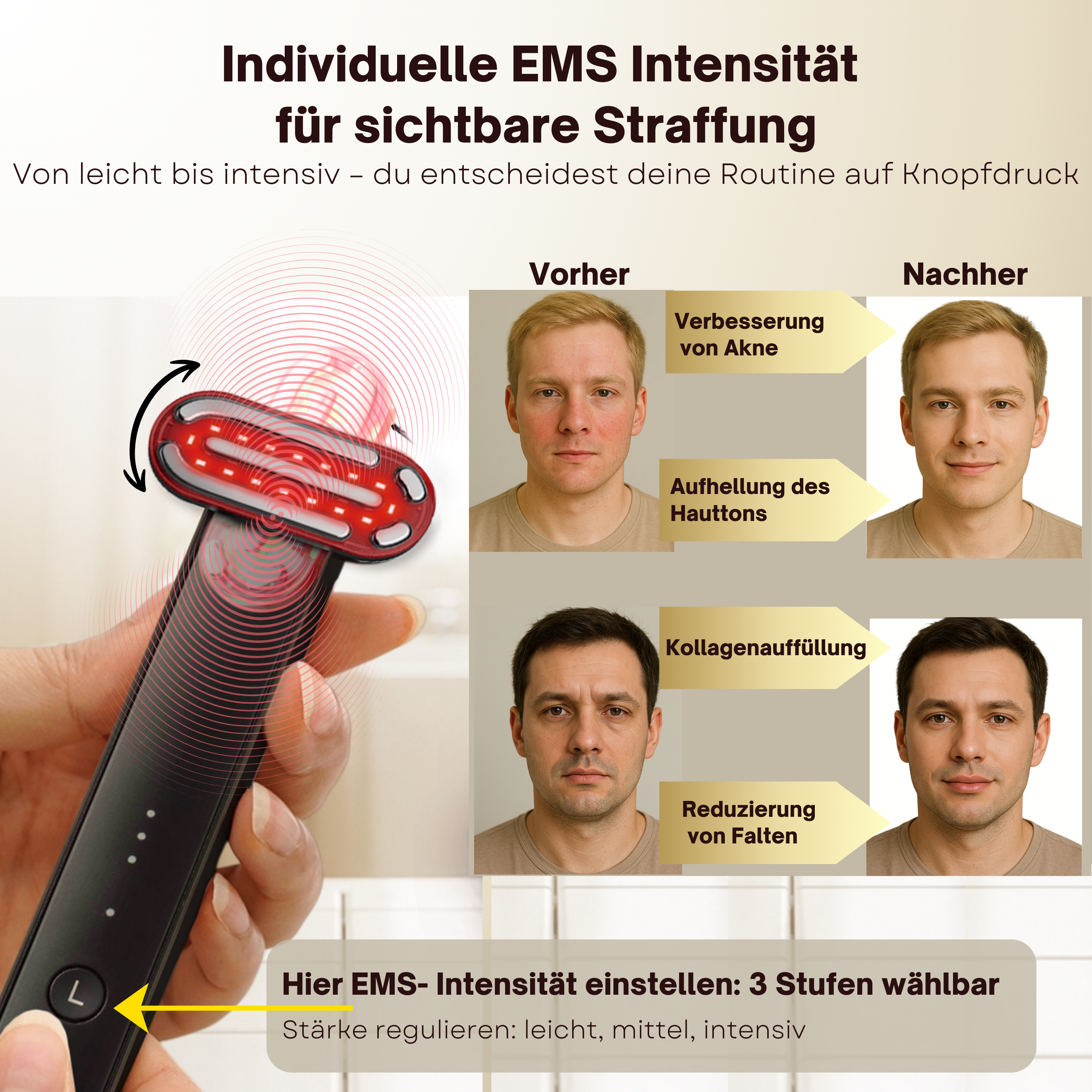 EMS 5-in-1 Lichttherapie Gesichtsmassagegerät – Anti-Falten & Face-Lifting Gerät mit Rot-, Blau- & Violettlicht