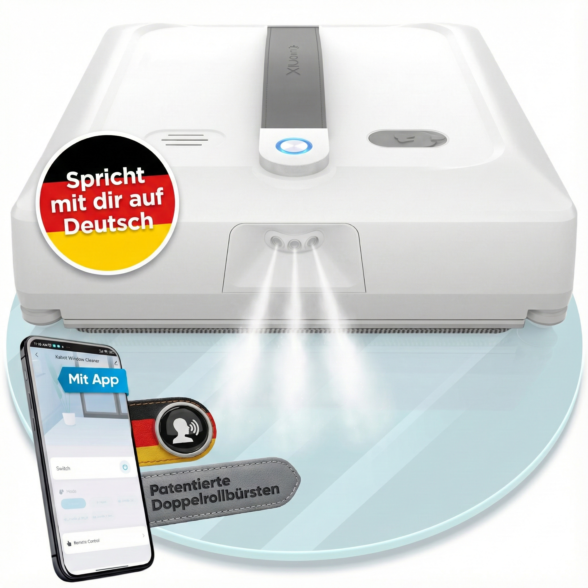 Lukonix Fensterputzroboter elektrisch, Fensterroboter mit 3-Düsen Sprühfunktion & Rollbürsten mit App-Steuerung, deutsche Sprache & Anti-Fall-Sensoren