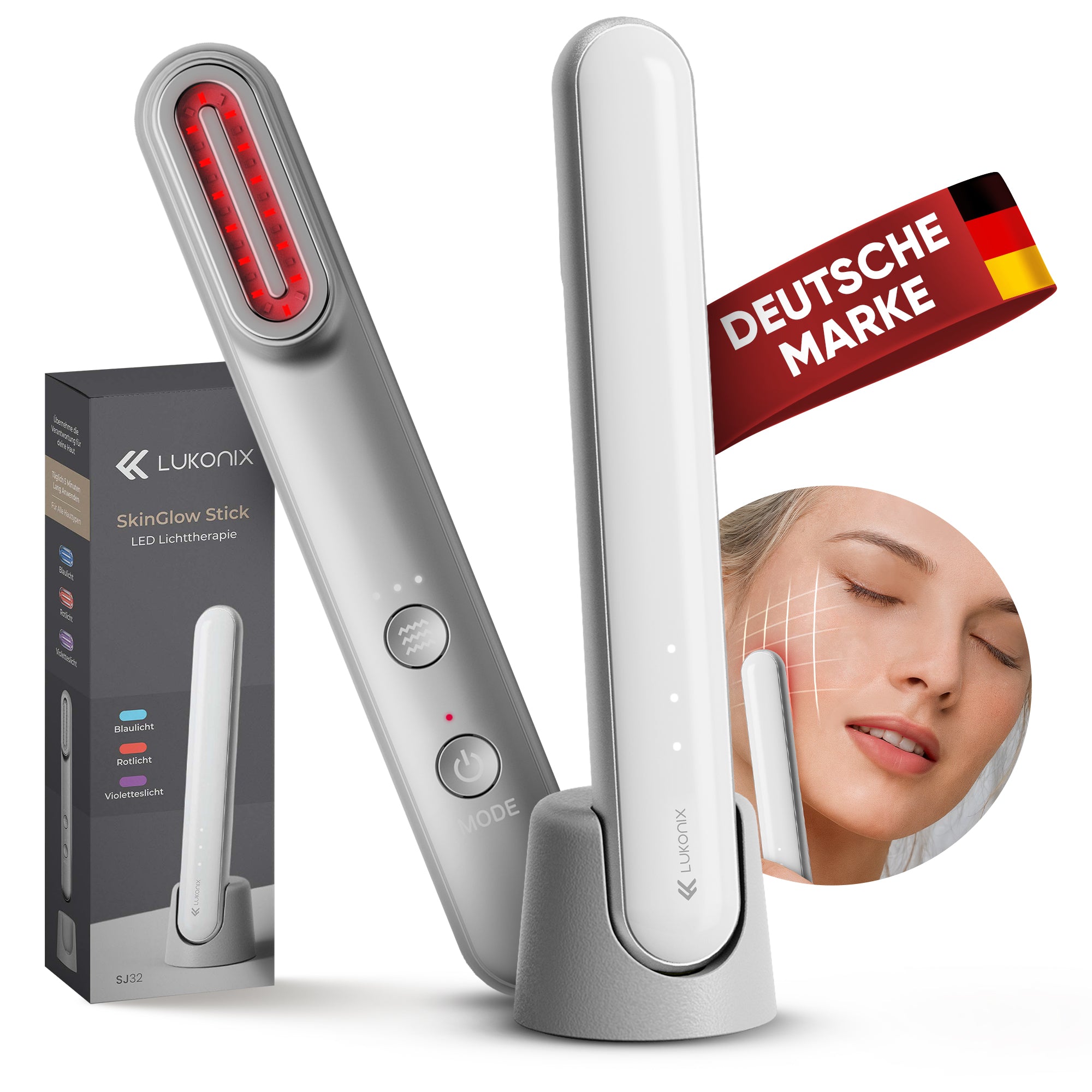 EMS 5-in-1 Lichttherapie Gesichtsmassagegerät mit Standfuss – Anti-Falten & Face-Lifting Gerät mit Rot-, Blau- & Violettlicht