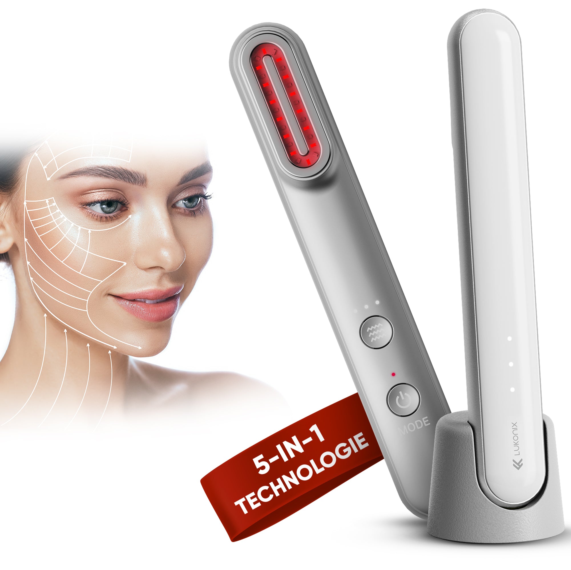 EMS 5-in-1 Lichttherapie Gesichtsmassagegerät mit Standfuss – Anti-Falten & Face-Lifting Gerät mit Rot-, Blau- & Violettlicht
