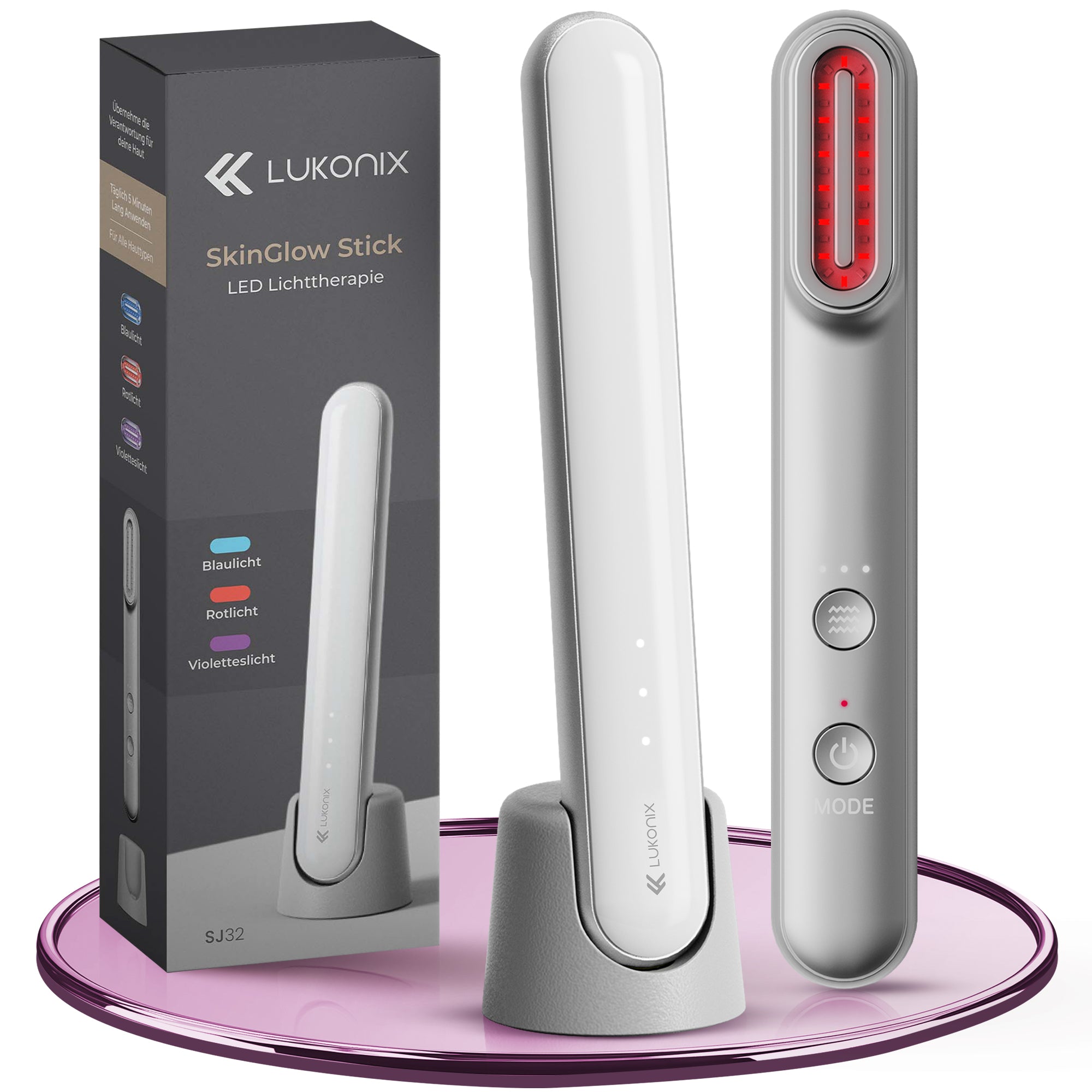 EMS 5-in-1 Lichttherapie Gesichtsmassagegerät mit Standfuss – Anti-Falten & Face-Lifting Gerät mit Rot-, Blau- & Violettlicht