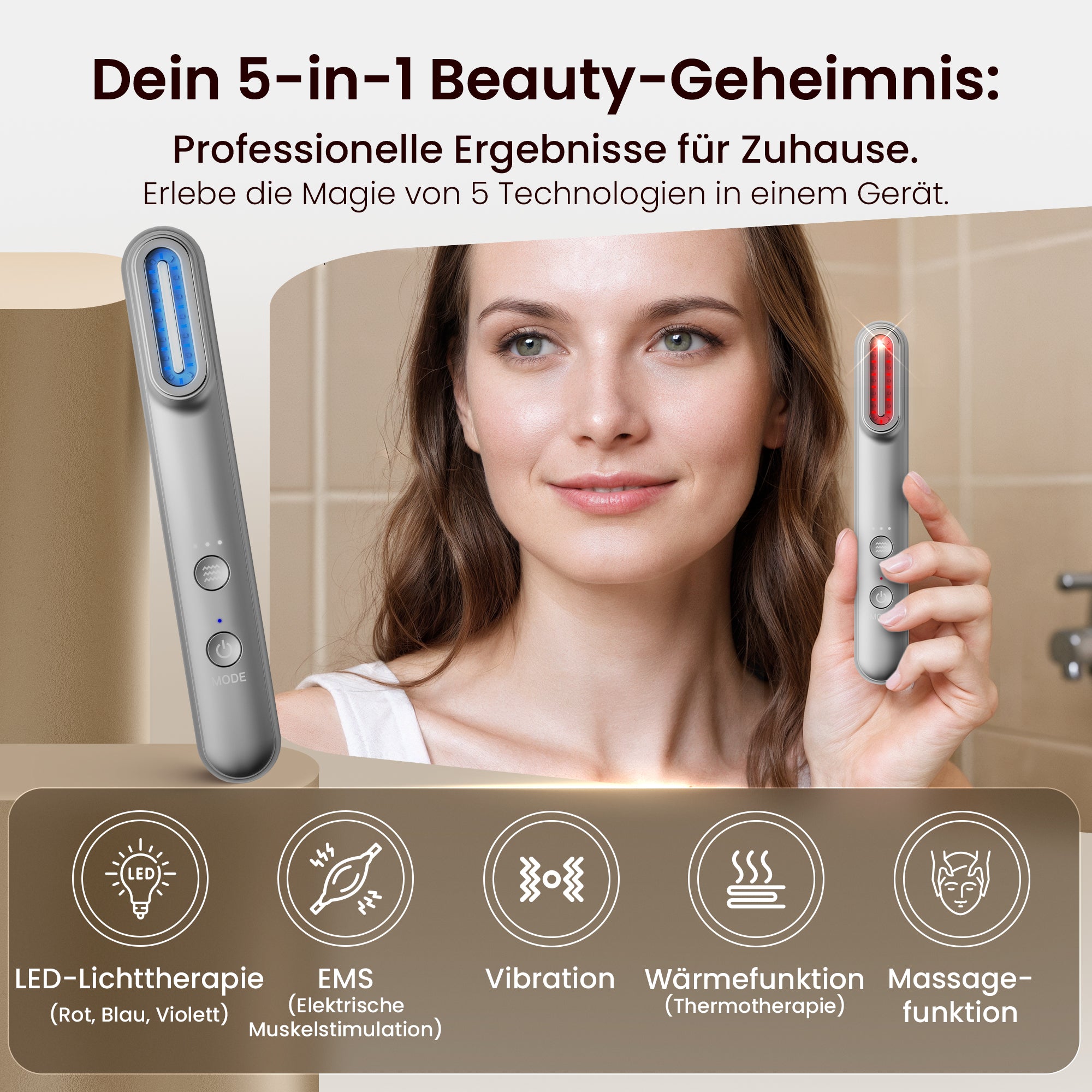 EMS 5-in-1 Lichttherapie Gesichtsmassagegerät mit Standfuss – Anti-Falten & Face-Lifting Gerät mit Rot-, Blau- & Violettlicht