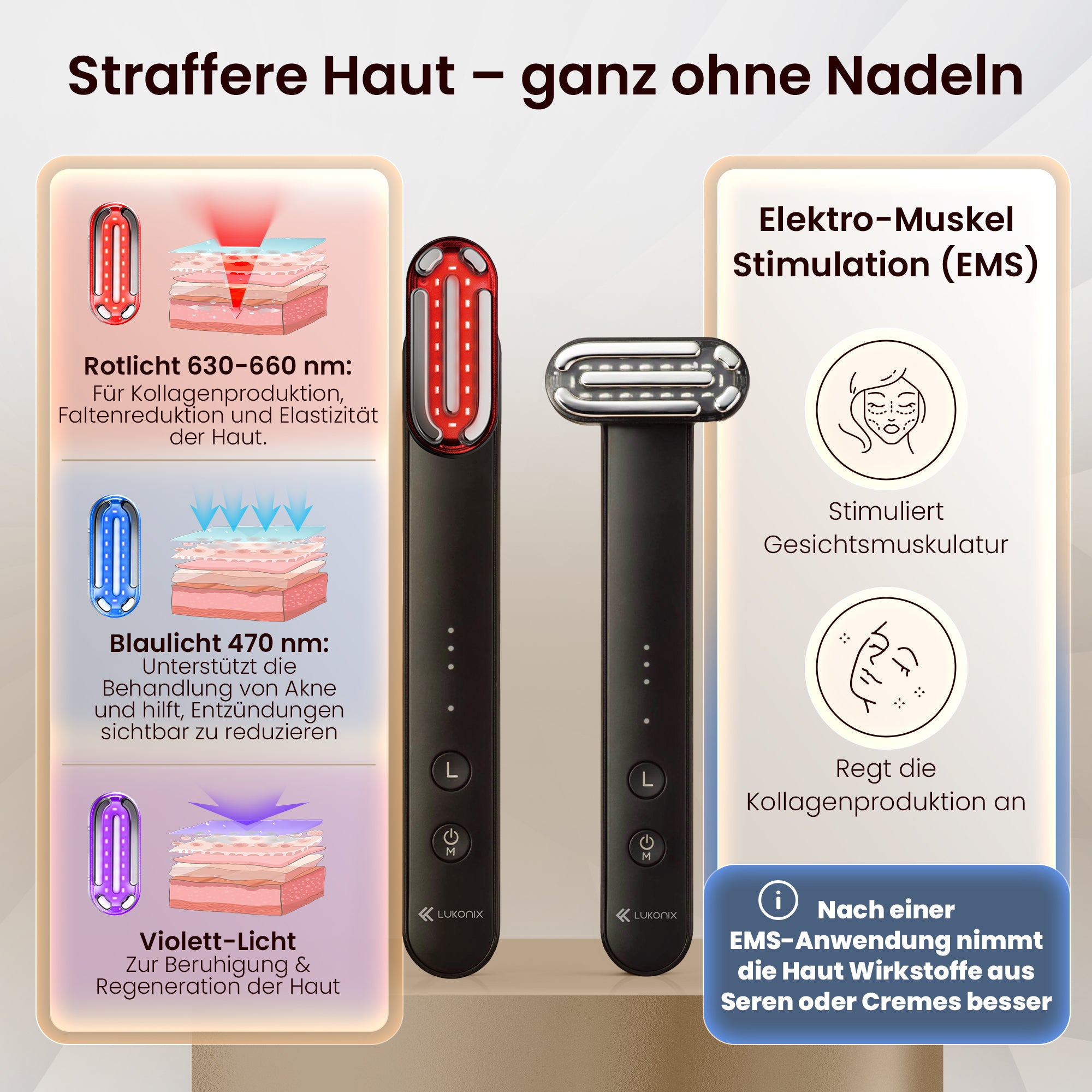 EMS 5-in-1 Lichttherapie Gesichtsmassagegerät – Anti-Falten & Face-Lifting Gerät mit Rot-, Blau- & Violettlicht