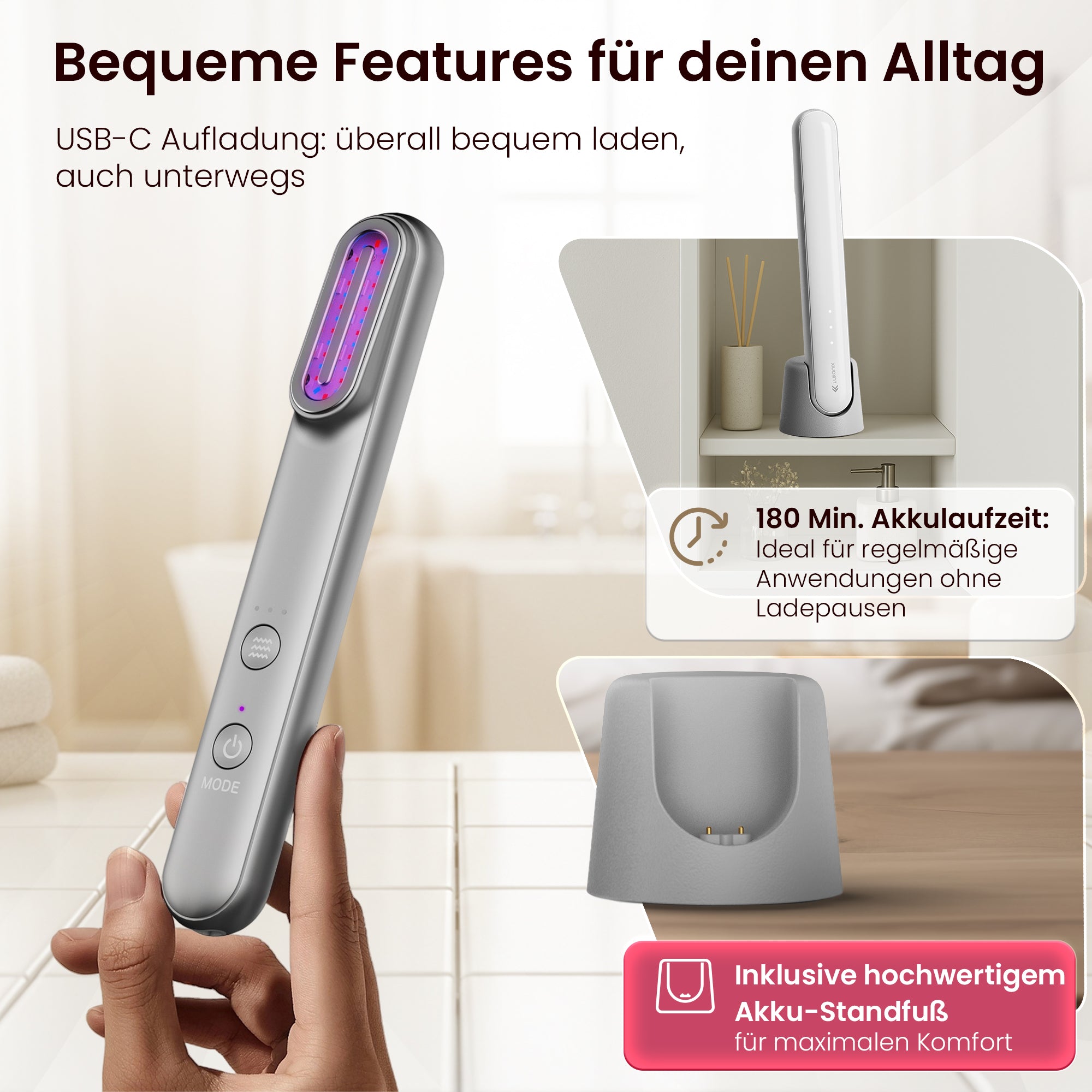 EMS 5-in-1 Lichttherapie Gesichtsmassagegerät mit Standfuss – Anti-Falten & Face-Lifting Gerät mit Rot-, Blau- & Violettlicht