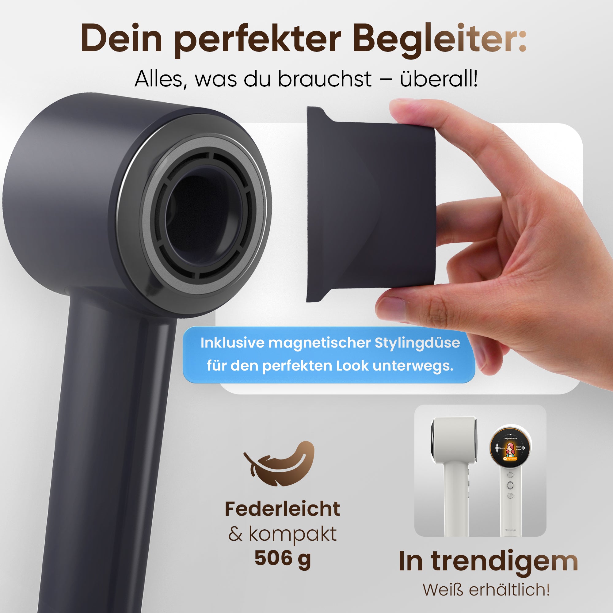 Ionen Haartrockner – Leichter & Leiser Föhn mit Diffusor, Plasma-Technologie & 6 Pflege-Modi (LCD-Display)